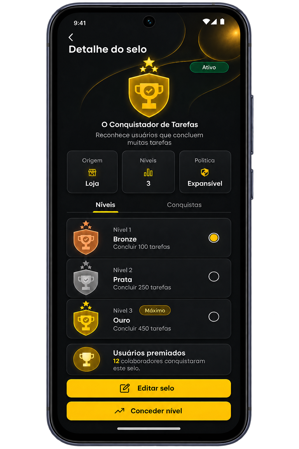 Tela de conquistas e evolução do Connect